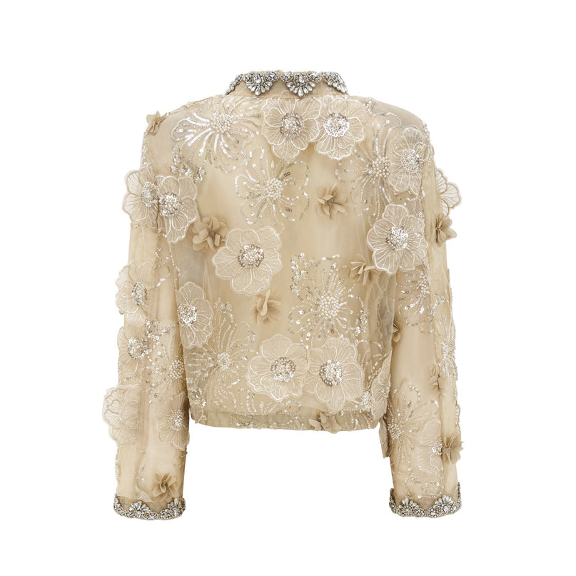 Paityn Floral Appliqué Jacket in Neutrals 100% Polyester with intricate floral appliqués and crystal embellishments