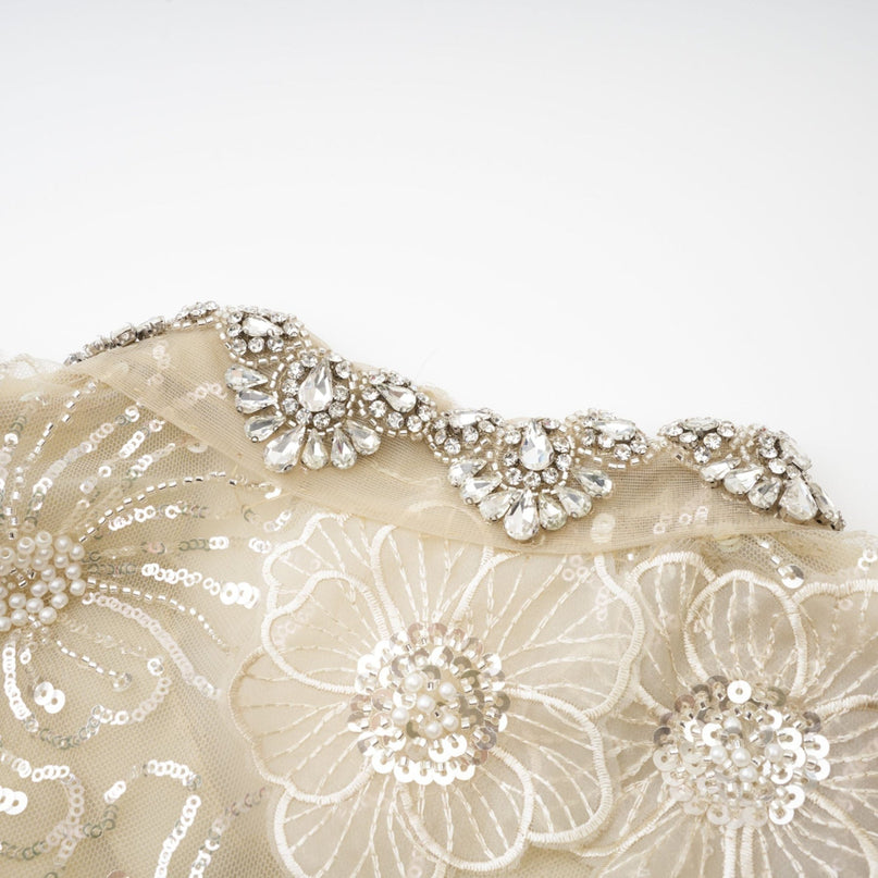 Paityn Floral Appliqué Jacket in Neutrals 100% Polyester with intricate floral appliqués and delicate crystal embellishments for a touch of opulence