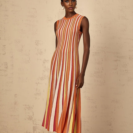 Paityn Orange Metallic Striped Knit Midi Dress with Pleated Detailing and Pointelle Trim