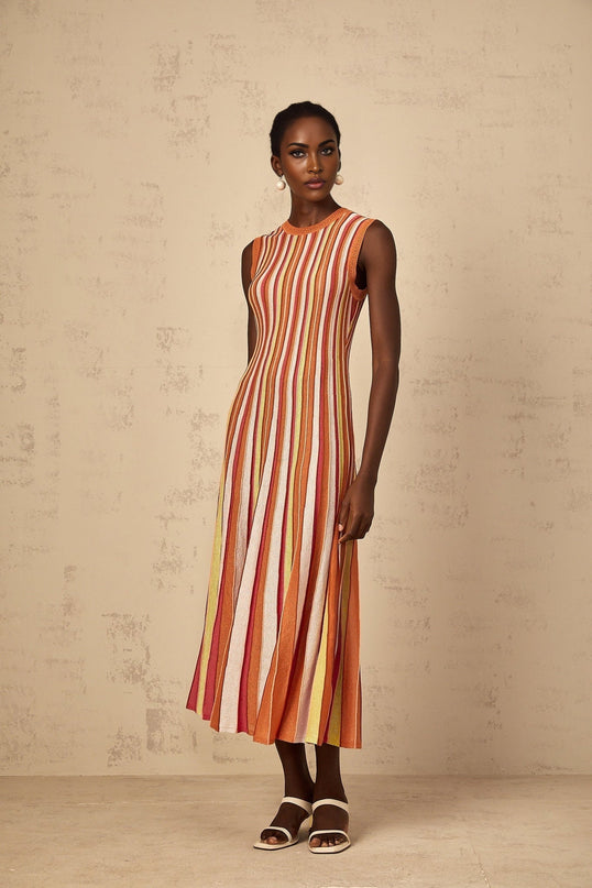 Paityn Orange Metallic Striped Knit Midi Dress with Pleated Detailing and Pointelle Trim