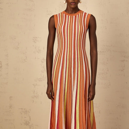 Paityn Orange Metallic Striped Midi Dress with Pleated Detailing and Pointelle Trim