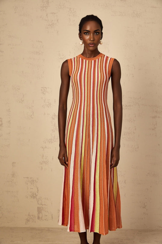 Paityn Orange Metallic Striped Midi Dress with Pleated Detailing and Pointelle Trim