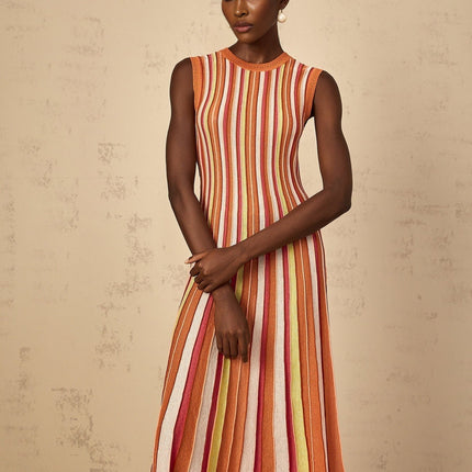 Paityn Orange Midi Dress with Metallic Threading and Striped Pattern