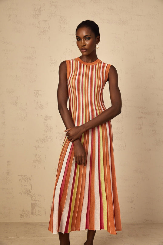 Paityn Orange Midi Dress with Metallic Threading and Striped Pattern