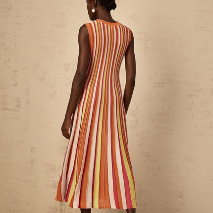 Paityn Orange Striped Metallic Knit Midi Dress with Pleated Detailing and Pointelle Trim