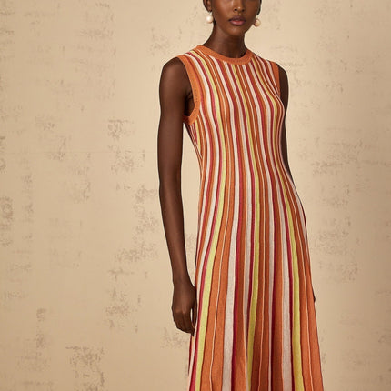 Paityn Orange Striped Metallic Knit Midi Dress