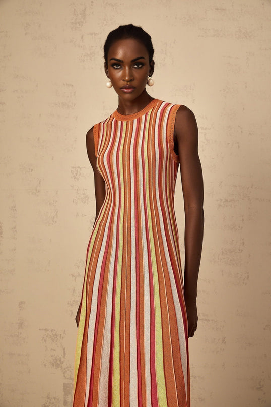 Paityn Orange Striped Metallic Knit Midi Dress