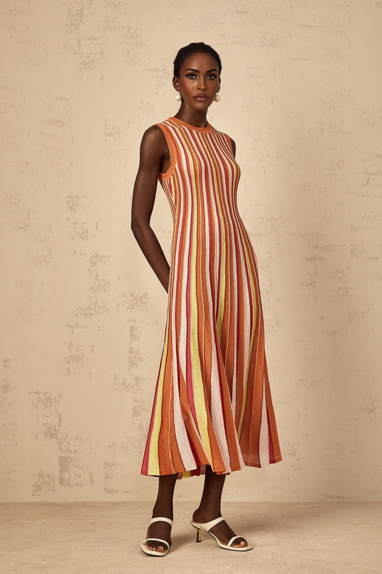 Paityn Orange Striped Metallic Knit Midi Dress