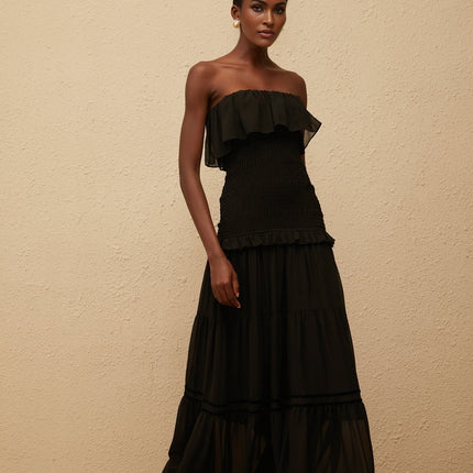Palma Black Maxi Dress with Smocked Panel and Ruffled Trim