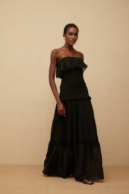 Palma Black Maxi Dress with Smocked Panel and Ruffled Trim