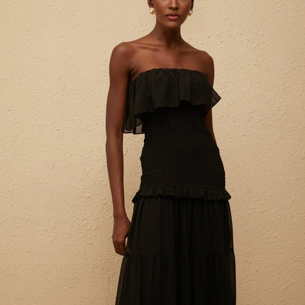 Palma Black Maxi Dress with Smocked Panel and Ruffled Trim