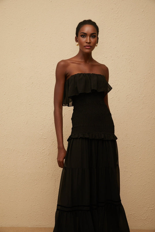 Palma Black Maxi Dress with Smocked Panel and Ruffled Trim