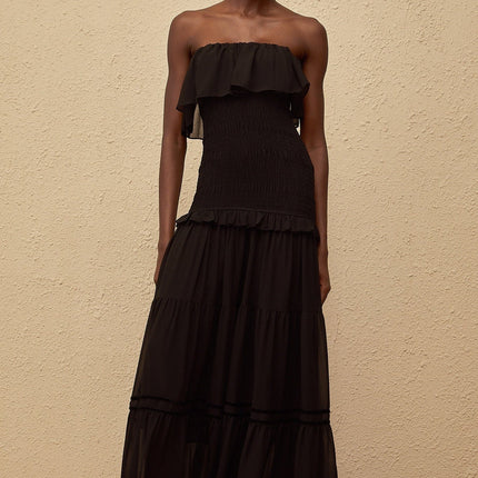Palma Black Maxi Dress Terylene Spandex Off-Shoulder Smocked Ruffled Trim Shirred Effect Fitted Waistline Slip-On Style