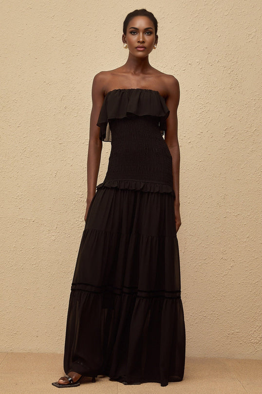 Palma Black Maxi Dress Terylene Spandex Off-Shoulder Smocked Ruffled Trim Shirred Effect Fitted Waistline Slip-On Style