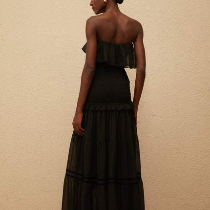 Palma Black Off-Shoulder Maxi Dress with Smocked Panel and Ruffled Trim