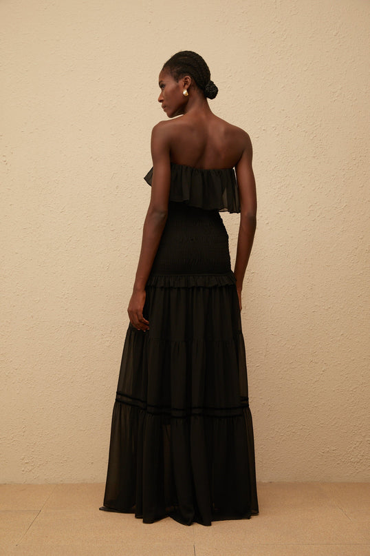 Palma Black Off-Shoulder Maxi Dress with Smocked Panel and Ruffled Trim