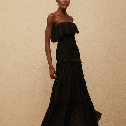 Palma Black Off-Shoulder Maxi Dress with Smocked Panel and Ruffled Trim