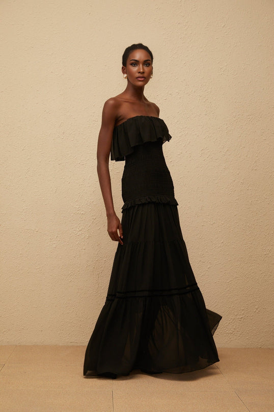 Palma Black Off-Shoulder Maxi Dress with Smocked Panel and Ruffled Trim