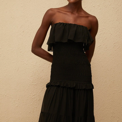 Palma Black Maxi Dress with Smocked Panel and Ruffled Trim