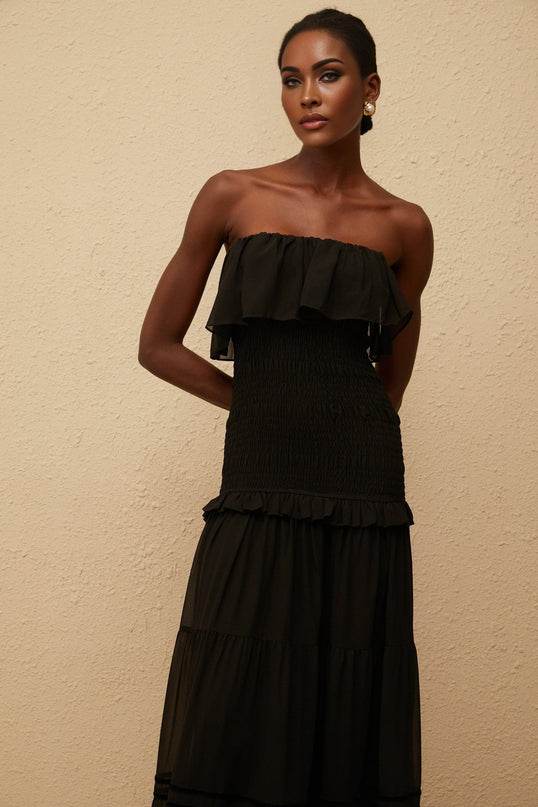Palma Black Maxi Dress with Smocked Panel and Ruffled Trim