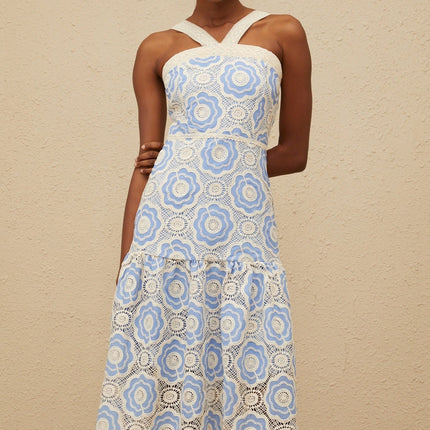 Palma Blue Crochet Floral Midi Dress
