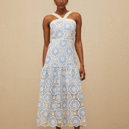 Palma Blue Crochet Floral Midi Dress