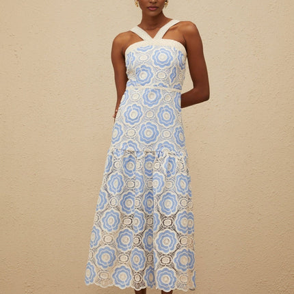 Palma Blue Crochet Floral Midi Dress