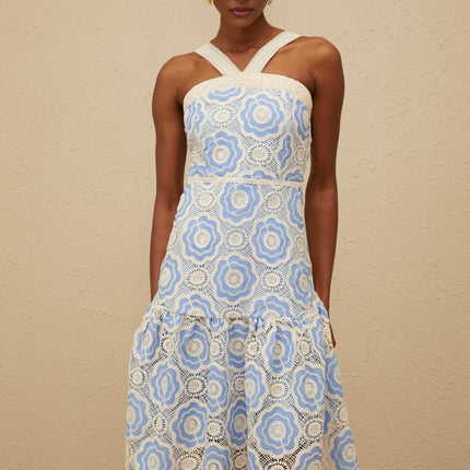 Palma Blue Crochet Floral Midi Dress