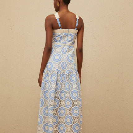 Palma Blue Crochet Floral Scalloped Hem Midi Dress