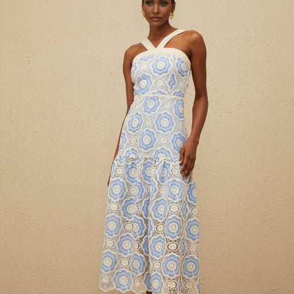 Palma Blue Crochet Floral Scalloped Hem Midi Dress