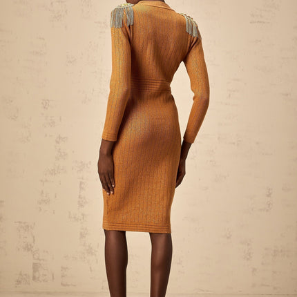 Palma Brown Ribbed Knit Epaulet Midi Dress with Fringed Detailing