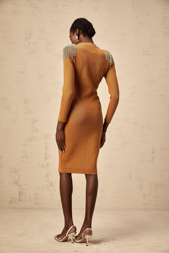 Palma Brown Ribbed Knit Epaulet Midi Dress with Fringed Detailing