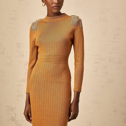 Palma Brown Ribbed Knit Epaulet Midi Dress with Fringed Detailing