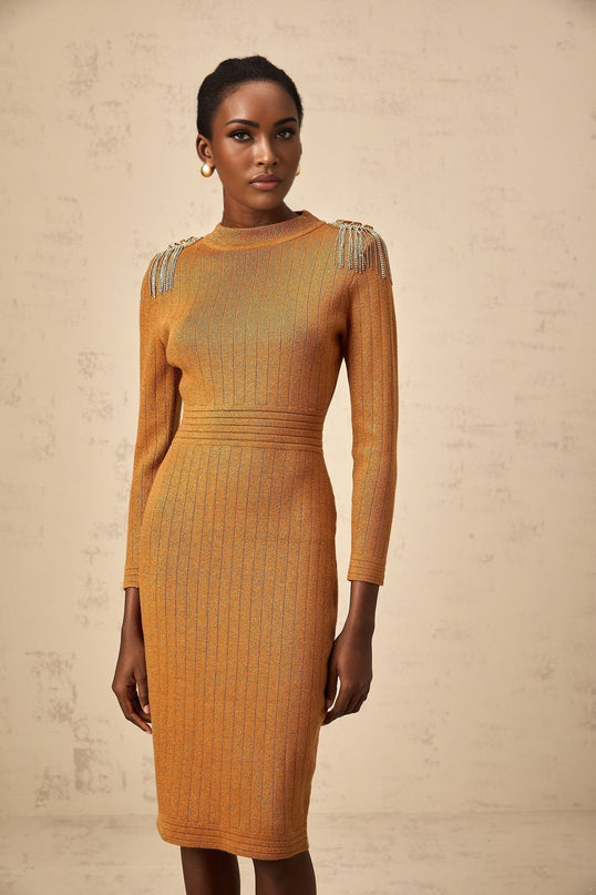 Palma Brown Ribbed Knit Epaulet Midi Dress with Fringed Detailing