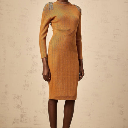 Palma Brown Ribbed Knit Epaulet Midi Dress