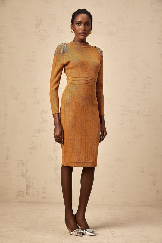 Palma Brown Ribbed Knit Epaulet Midi Dress