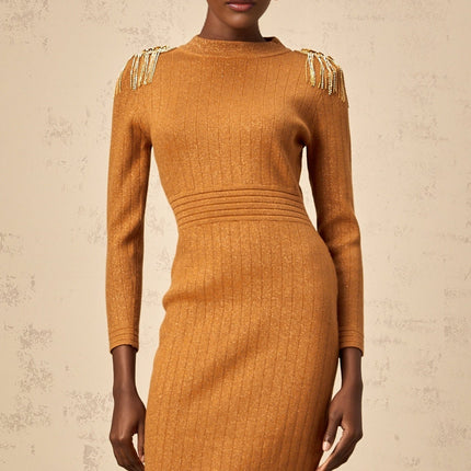 Palma Brown Ribbed Knit Midi Dress with Fringed Detailing and Epaulet Design
