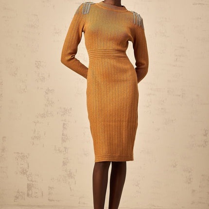 Palma Brown Ribbed Knit Midi Dress with Fringed Detailing and Epaulet Design