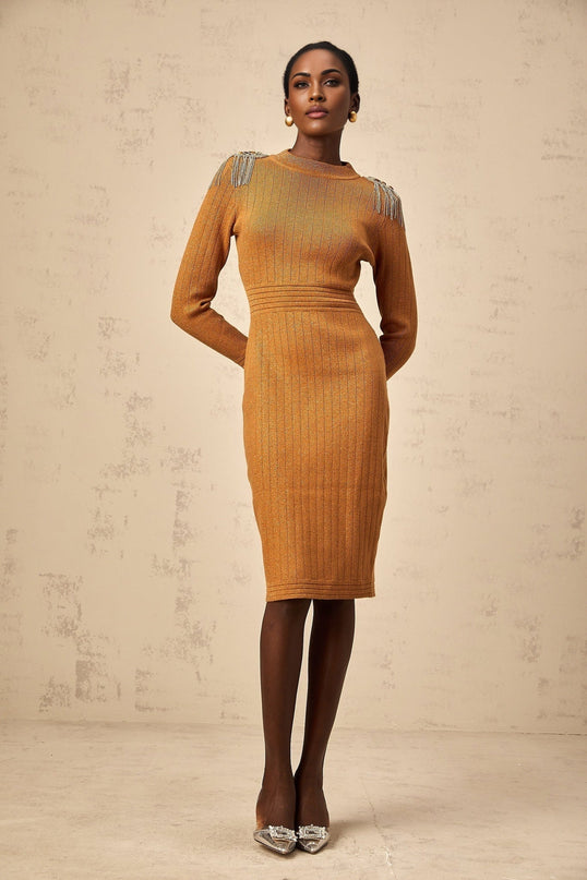 Palma Brown Ribbed Knit Midi Dress with Fringed Detailing and Epaulet Design