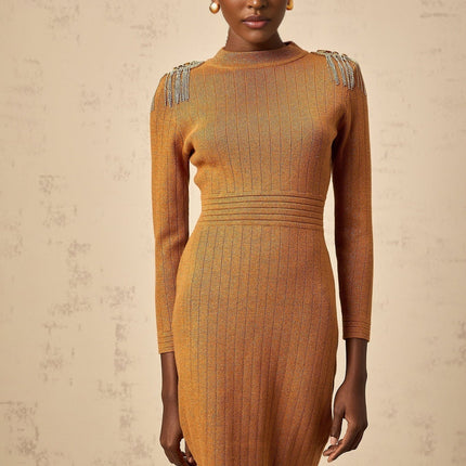 Palma Brown Ribbed Knit Midi Dress with Fringed Detailing and Epaulet Design