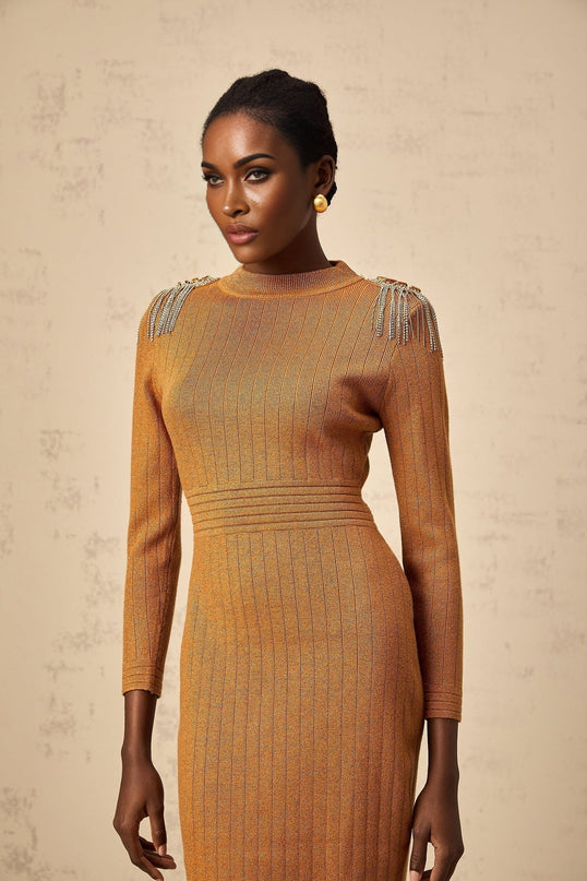 Palma Brown Ribbed Knit Midi Dress with Epaulet Design and Fringed Detailing