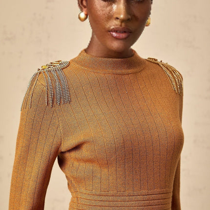 Palma Brown Ribbed Knit Midi Dress with Fringed Detailing