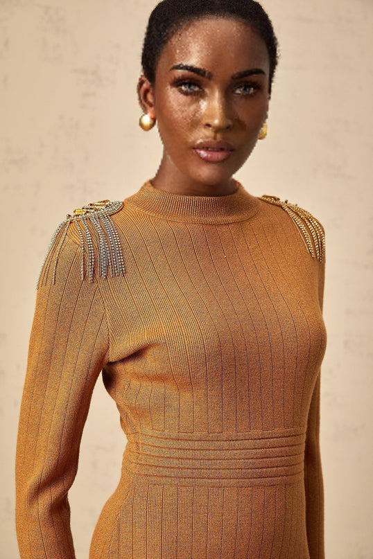Palma Brown Ribbed Knit Midi Dress with Fringed Detailing