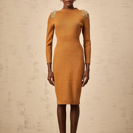 Palma Brown Ribbed Knit Midi Dress with Epaulet Design and Fringed Detailing