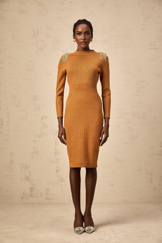 Palma Brown Ribbed Knit Midi Dress with Epaulet Design and Fringed Detailing