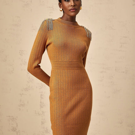 Palma Brown Ribbed Knit Midi Dress with Epaulet Design and Fringed Detailing