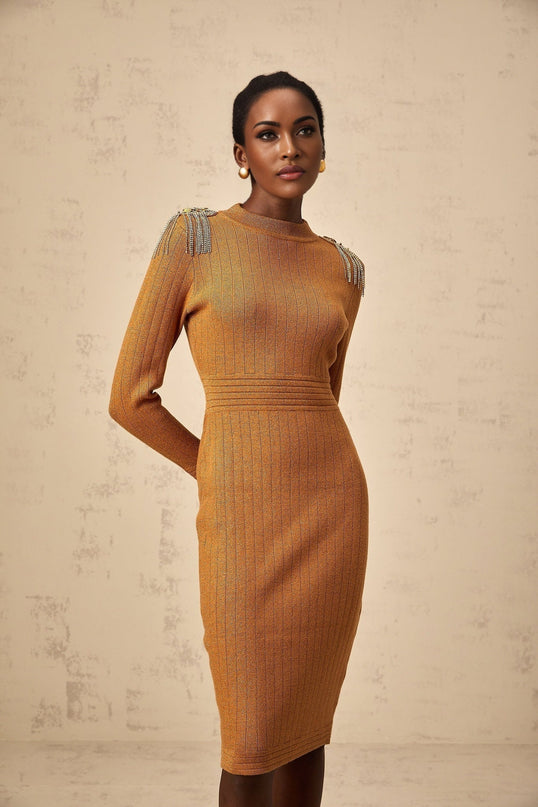 Palma Brown Ribbed Knit Midi Dress with Epaulet Design and Fringed Detailing