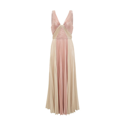 Palma Dress Pleated Maxi Pink Gold Sleeveless V Neck Silk Touch Fabric Rear Zip Fastening Maxi Length Premium Blend Luxury Style