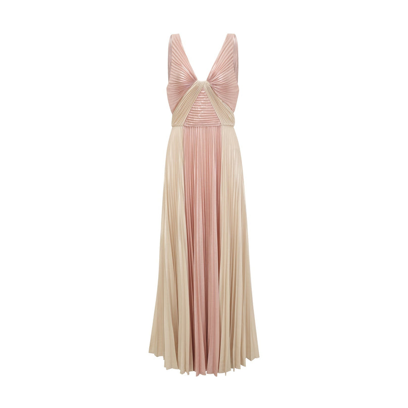 Palma Dress Pleated Maxi Pink Gold Sleeveless V Neck Silk Touch Fabric Rear Zip Fastening Maxi Length Premium Blend Luxury Style
