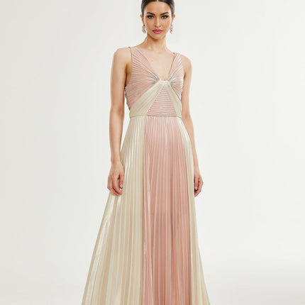 Palma Dress Pleated Maxi Pink Gold Sleeveless V Neck Silk Touch Fabric Rear Zip Fastening Maxi Length Premium Blend Luxury Style